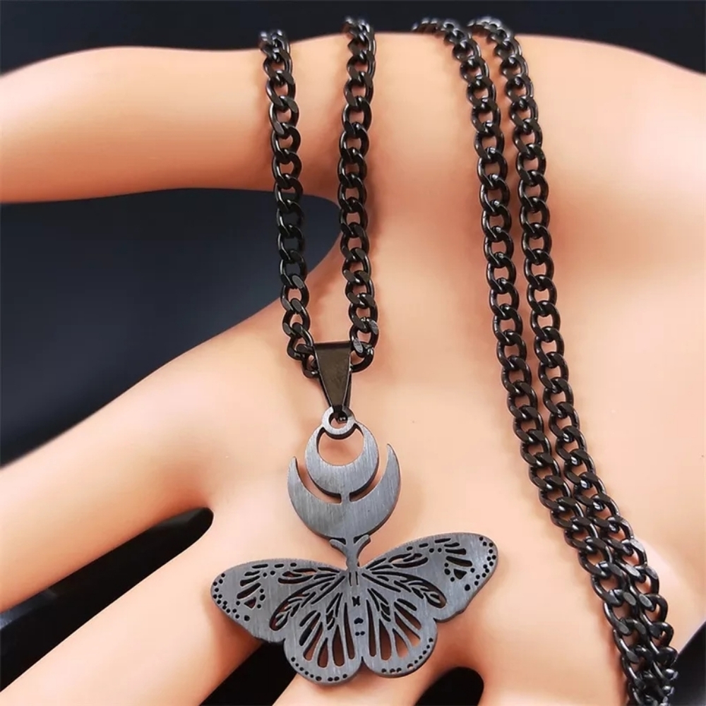 Goth Moth Crescent Moon Necklace - Picture 2 of 2